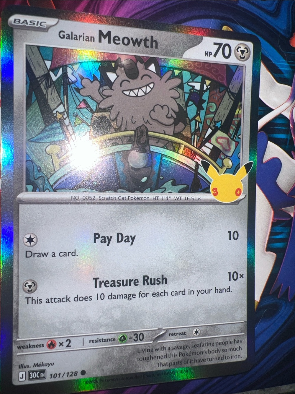 Pokemon Galarian Meowth Holographic Blue Purple Silver Card
